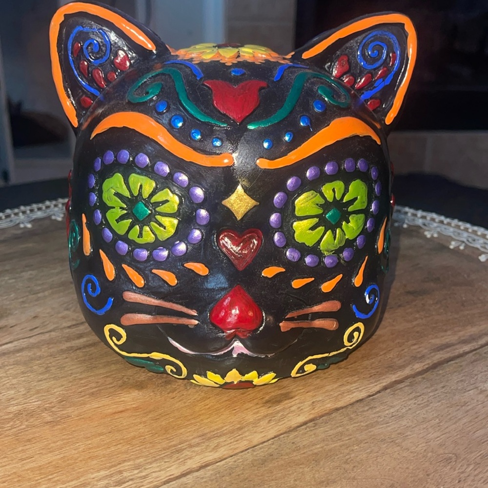 Hand Painted Ceramic Cat Head Dia De Los Muertos Sugar Skull